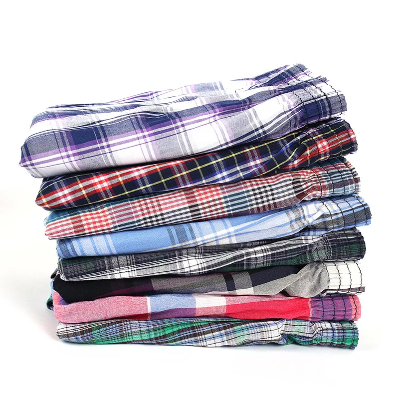 100% Cotton 4 Pcs Men\'s panties Underwear male Boxers Shorts Casual Sleep Underpants Plaid Loose Comfortable Homewear Striped