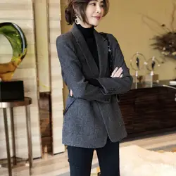 Dark Gray Woolen Blzer Women Mid-Length Coat Spring/Autumn Herringbone Suit Woolen Coat Office Lady Women Clothing Suit Blzer