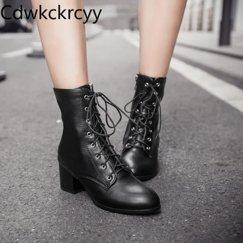 winter The New fashion Round head Thick heel boots black British style Plus velvet Keep warm High heel Women boots 34-45