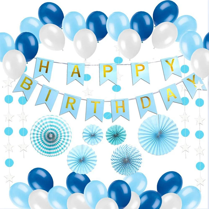 Baby Dusche Geburtstag Party Luftballons Blau Weiß Dekorationen Banner Tissue Papier Fans Blume Stern Kreis Streamer Feier Set