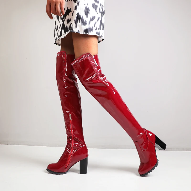 2022 Winter Women Over the Knee Modern Boots Patent Leather Red Black White Shoes Crystal Decorate Short Plush Plus Size 50