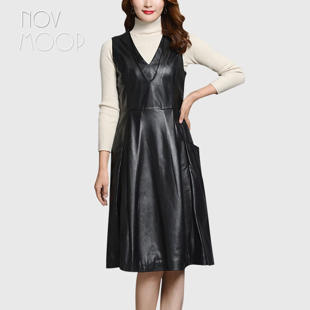 

Novmoop genuine leather sheepskin sleeveless double-layer collar dress Vestido sin mangas de cuero para mujer LT3240