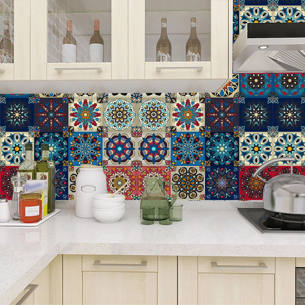 16pcs Mandala Style Tiles Kitchen Oil-poof & Waterproof Sticker Cupboard Bathroom Home Renovation Peel & Stick Art Wallpaper