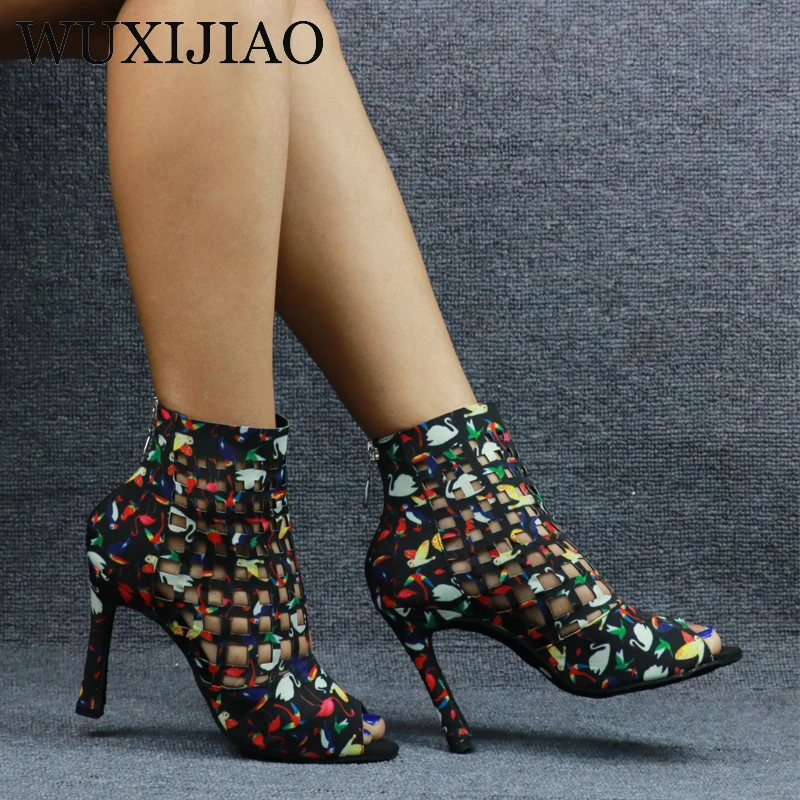 WUXIJIAO Laser Mesh Tricolor Latin Dance Shoes Ladies Salas Ballroom Dance Shoes Waltz High Heels