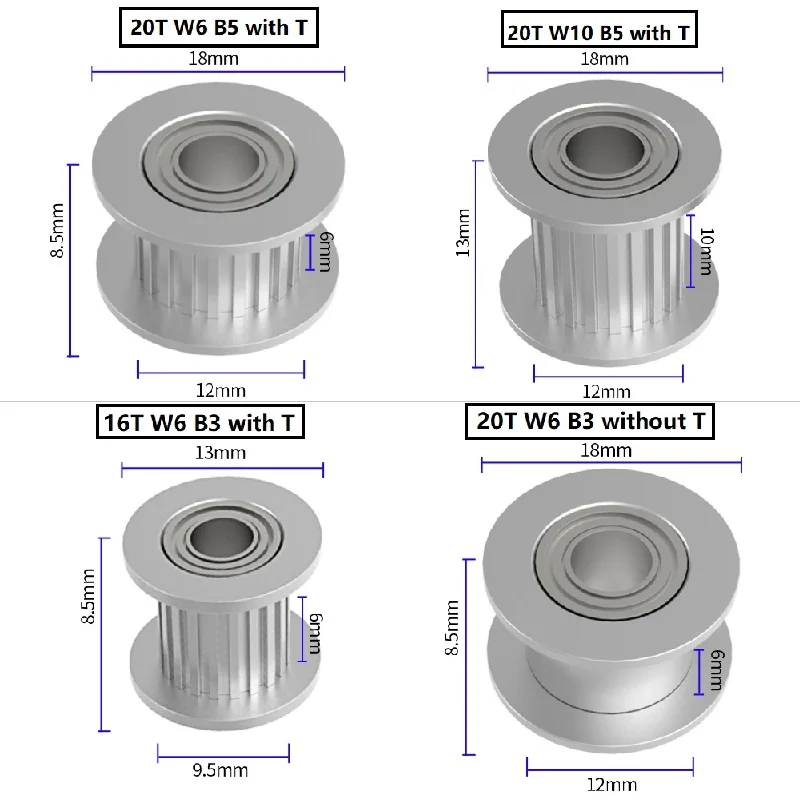 10pcs GT2 Idler Pulley 20 Teeth 16 T Bore 3mm 5mm with bearings 3D Printer Parts for 2GT Timing Belt Width 6mm 10mm H shape