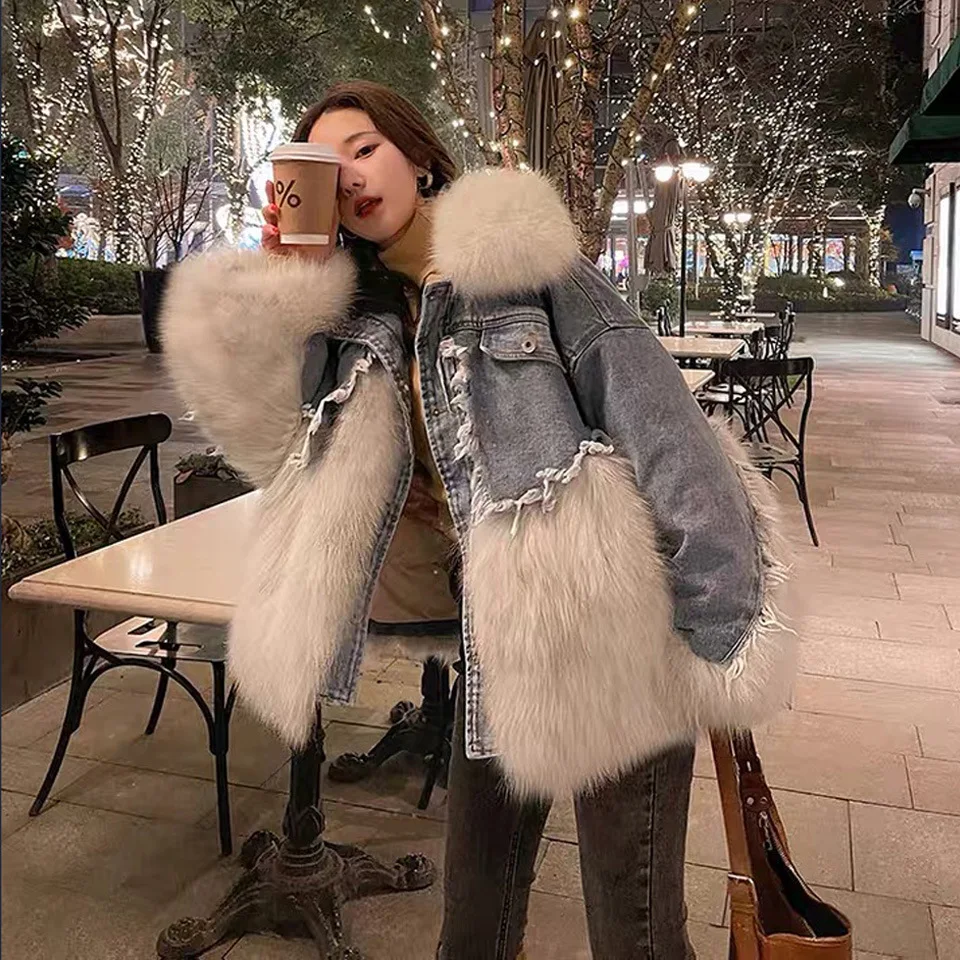 Light Luxury Faux Fox Fur Jacket Autumn Winter Warm Denim Patchwork Fur Women Coats New Fashion Loose Jean Parkas