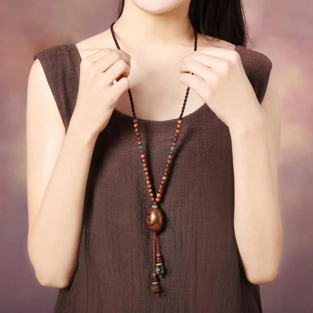 Elegant Vintage sweater chain Handmade Long Necklace Chinese Ethnic Adjustable wood bead Chains