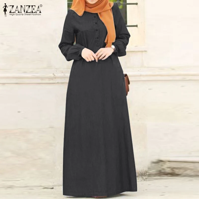 ZANZEA Women Long Sleeve Solid Maxi Sundress Vintage Autumn Denim Blue Dress Casual Buttons Kaftan Vestido Muslim Dress Robe