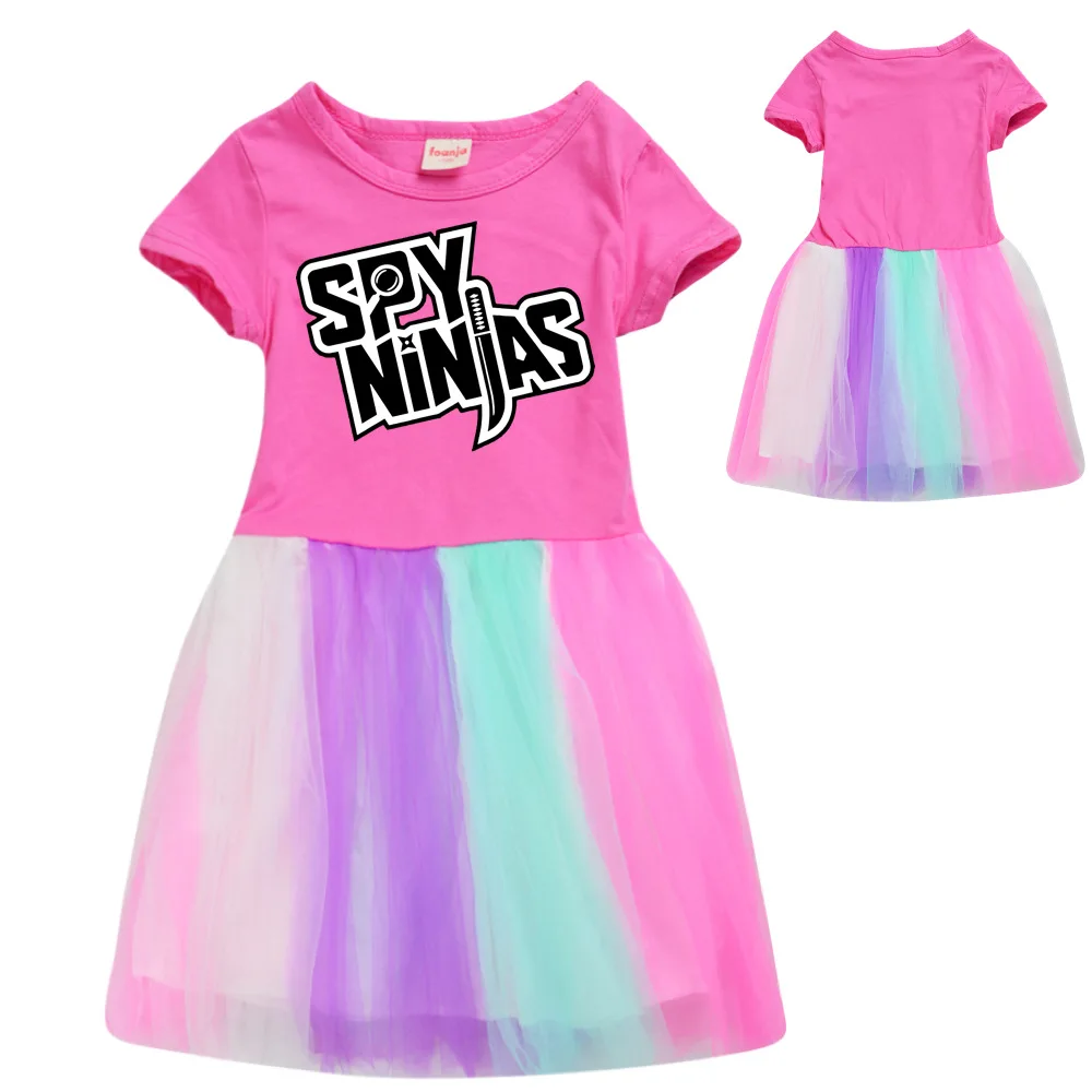 Fashion Cartoon Net Yarn Girls Skirt Cotton Summer Short-Sleeved Skirt SPY NINJAS Children Princess Dress Kids Dresses for Girls