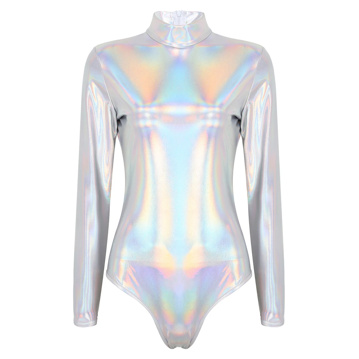 Womens One-piece Swimwear Shiny Metallic Glossy Turtleneck Long Sleeves Ballet Gymnastic Leotards Bodysuits Female Clubwear