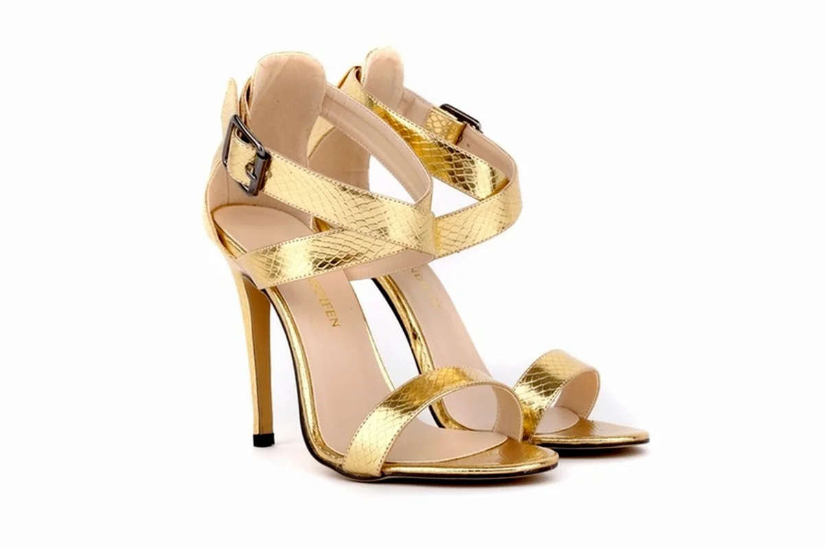 LOSLANDIFEN Womens Pumps 11cm Open Toe Ankle Straps High Heels Summer Faux Crocodile Wedding Shoes