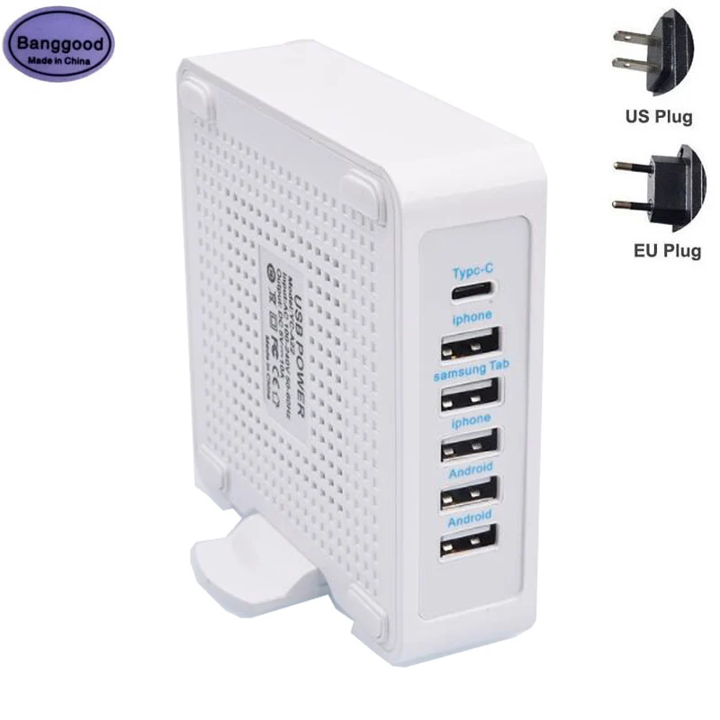 PD18W Intelligent 6-IN-1 QC3.0 Rapid USB Power Charger 6 Port 1 Type-c 5 USB Port Splitter Socket Hub Charge Adapter with Switch