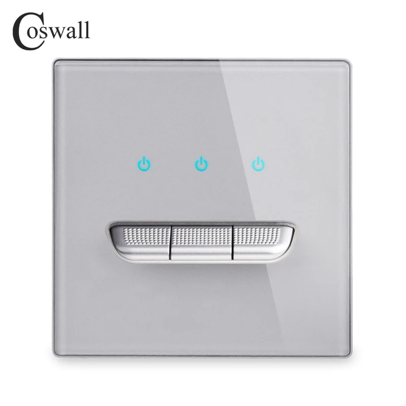 COSWALL 1/2/3/4 Gang 1/2 Way Toggle On / Off Wall Light Switch Blue Backlight Data CAT6 HDMI USB Charging Glass Panel Grey