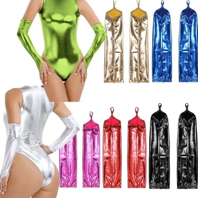 Sexy Women Metallic Shiny Fingerless Gloves Up to Elbow Faux Leather Night Club Rave Dance Wear Costume