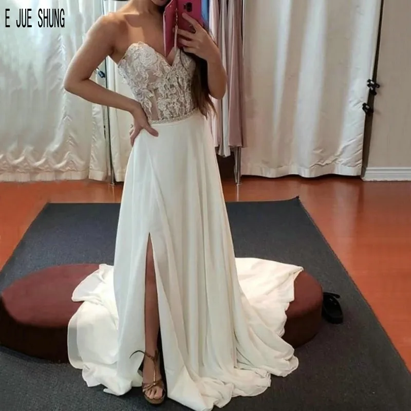 

E JUE SHUNG Boho Wedding Dresses Sweetheart Neck Lace Appliques Wedding Gowns Sexy Split Side Zipper Back Chiffon Bridal Dresses