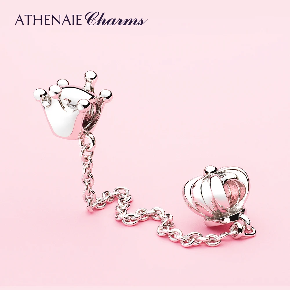 ATHENAIE 925 Sterling Silver Princess Or Queen Crown Safety Chain Charms Fit European Bracelets