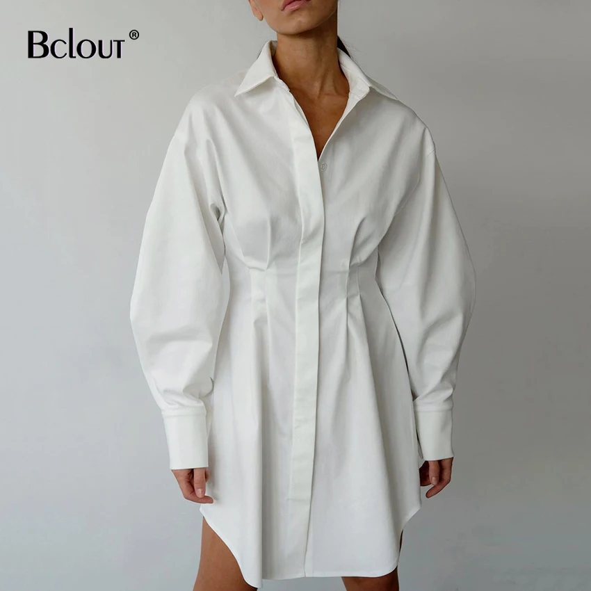 Bclout A-Line Solid Shirt Dress Women Long Sleeve Single Breasted Shirts Sexy Mini Dresses Autumn Casual High Waist Robe Office