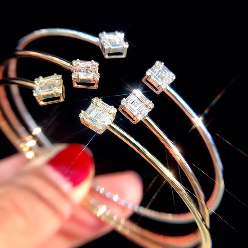 Aazuo Real 18K White Gold Rose Gold Yellow Gold Real Diamonds Square CUFF Bangle For Woman Upscale Trendy  Engagement Party