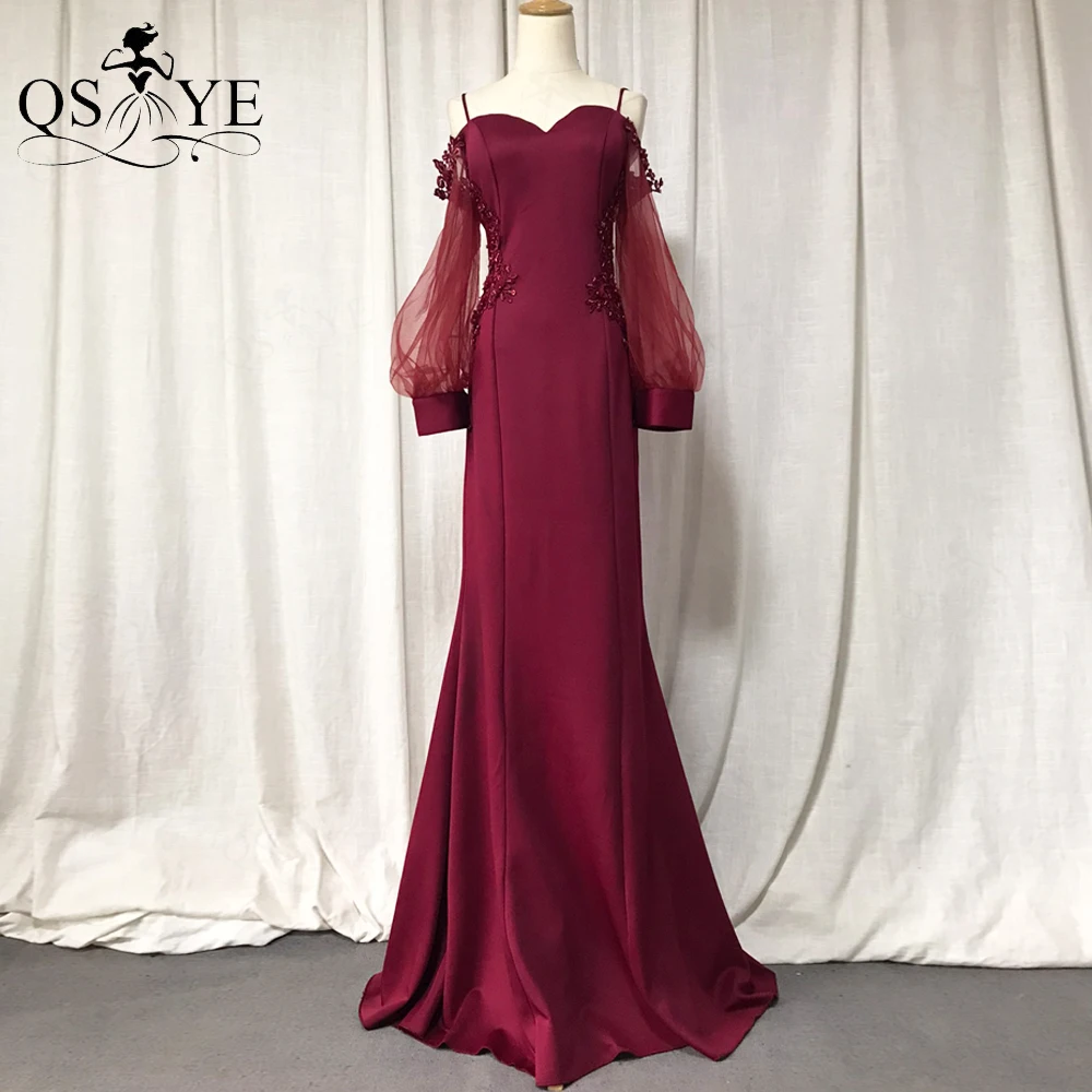 Dark Red Evening Dresses Sweetheart Long Sleeves Mermaid Evening Gown Bead Flower Party Shoulder Straps Formal Dress Illusion