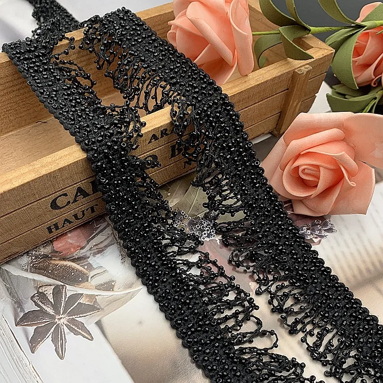 1Yard 3.5CM Wide Black Beaded Lace Tassel Lace Trim Diy Accessories For Clothing Decoration