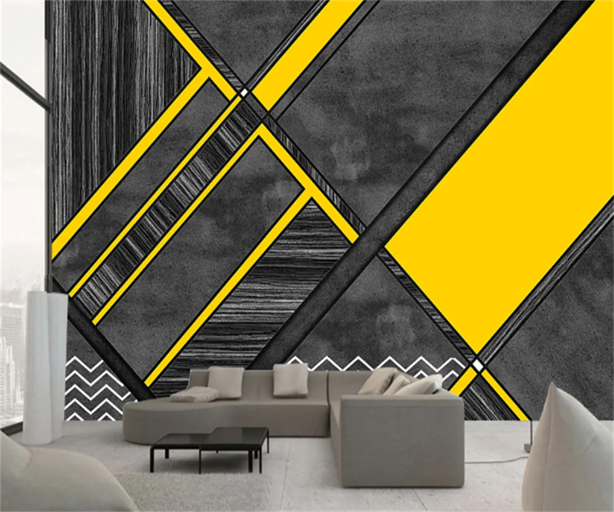 Professional custom Nordic minimalist imitation marble gray yellow stitching background wallpaper mural photo wall stickers