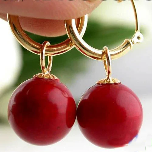 New Favorite Pearl Jewelry Huge 13mm Round Bead Red Coral Dangle Earrings 14k/20 Gold Hook Luck Gemstone Jewelry For Lady