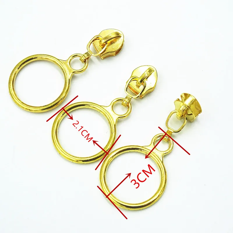 Golden Silver Colored 20pcs 5# Nylon Circle Zipper Puller Clothing Accessories Zinc Alloy luggage And Home Textile Puller