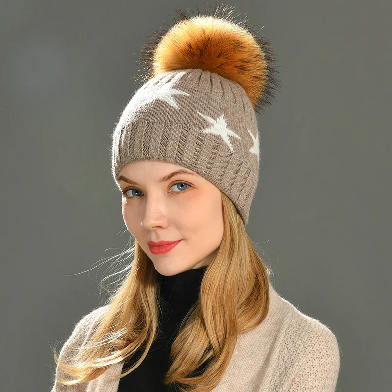 

Jxwatcher Winter Women Wool Knitted Hat Real Raccoon Fur PomPom Double Layer Warm Beanies Hats Knitted Cashmere Skullies Beanies