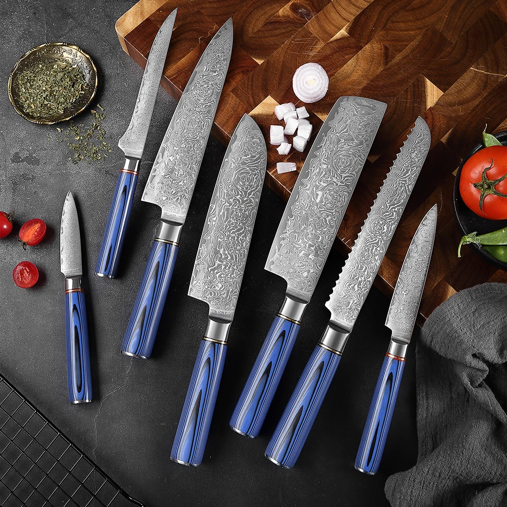 XITUO Kitchen Knife Set 1-7PCS Sharp Damascus Chef Knife Santoku knife Damascus Steel Rose Pattern Blade Blue G10 Handle