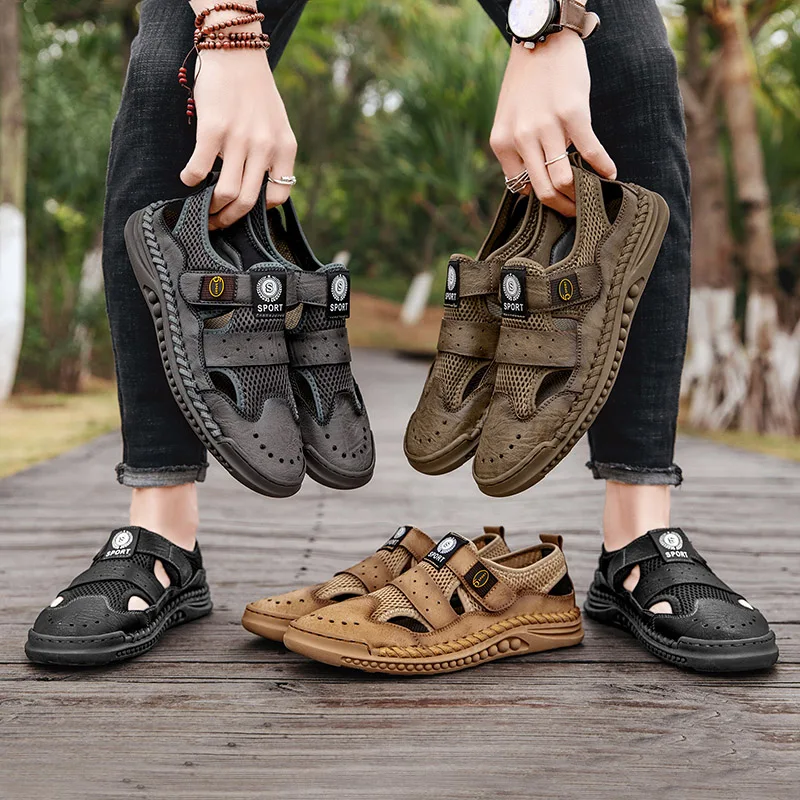 New Summer Men Sandals Handmade Mesh Sneakers Casual Breathable Men Shoes Outdoor Walking Comfortable Men\'s Sandals Big Size 46