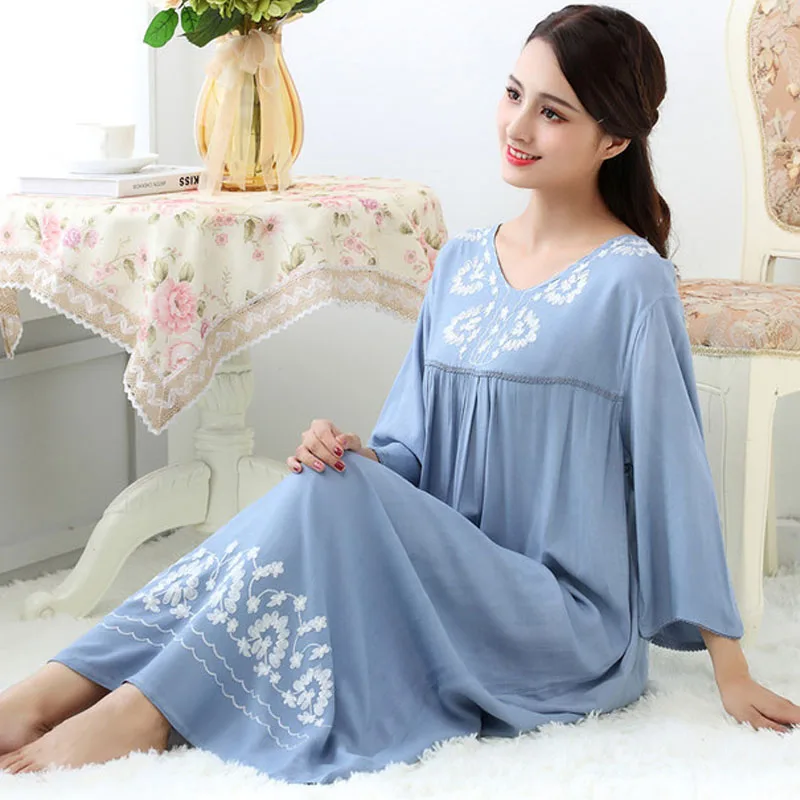 Novelty Nightgown Autumn New Women's Sleepwear Cotton  Embroidery Loose  Soft Home Service Korean Sexy Nightdress Pijamas