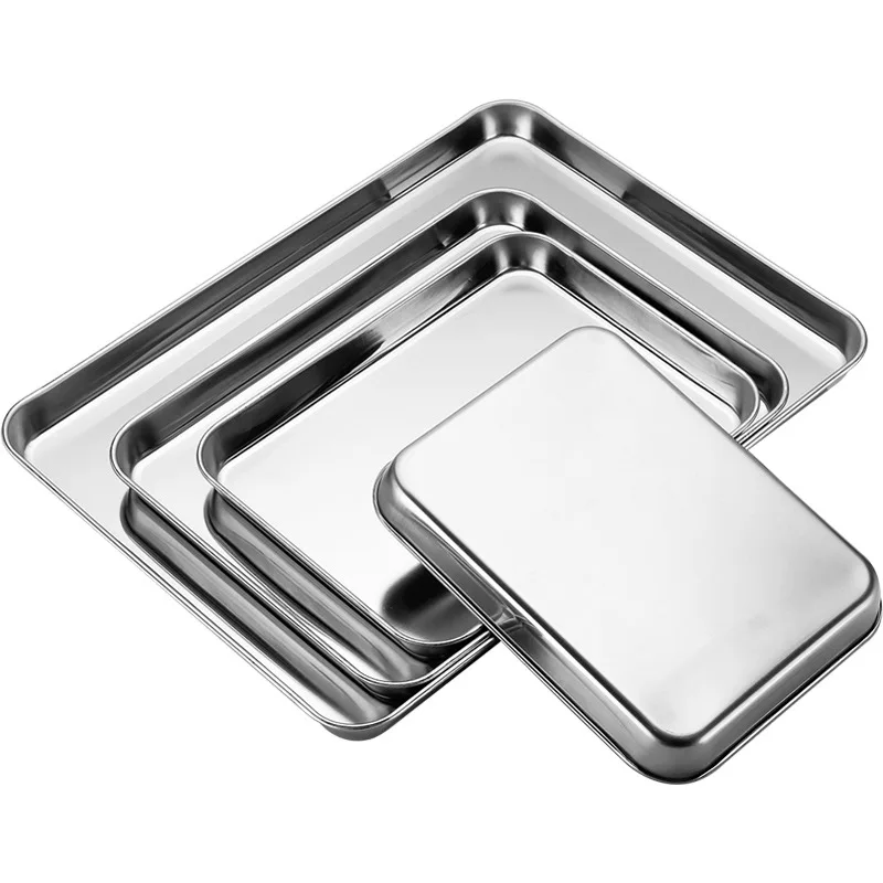 Rectangular Thicken Steaming Plates Stainless Steel Cake Bread Pan Food Vegetables Storage Drain Tray Kitchen Baking Accessories