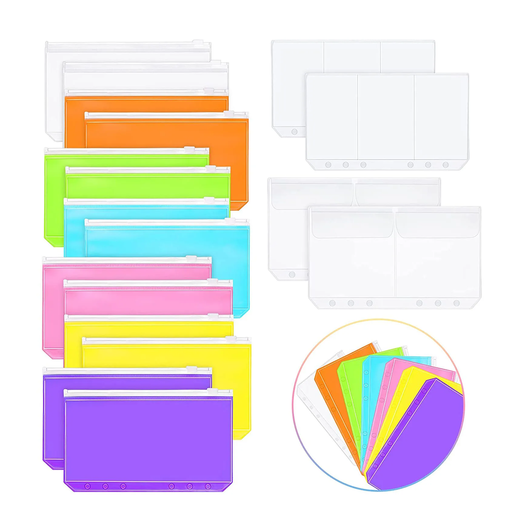 18 Pcs/Set A6 Size 6 Holes Binder Colorful Notebook Budget Zipper Pockets Waterproof PVC Cash Envelopes Bill Bag Card Sleeves