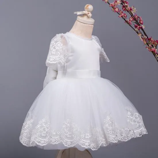 Robe blanche en dentelle et Tulle pour filles, longueur aux genoux, tenue de fête princesse pour baptême, motif floral