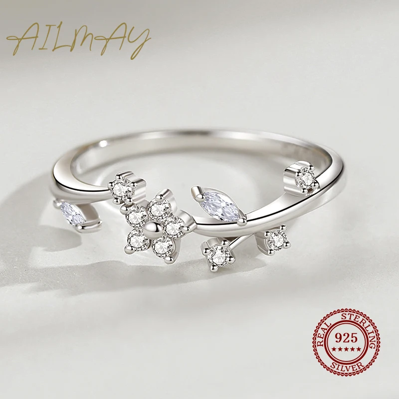 Ailmay Hot Sale Genuine 925 Sterling Silver Lovely Flower Rings Cubic Zirconia Women Minimalist Fine Jewelry 2021 New Style