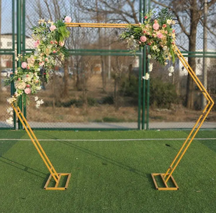 

Wedding Props Geometric Iron Double-Pole Hexagon Arch Gold Stand Party Backdrop Deco Outdoor Lawn Artificial Flower Shelf SN