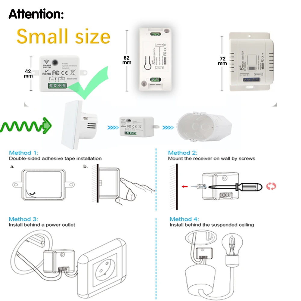 Mini Wireless Smart Light Switch with Remote Control 200M Distance 433 Mhz RF Relay Receiver Ac220V Switch for Home Led Lamp Fan