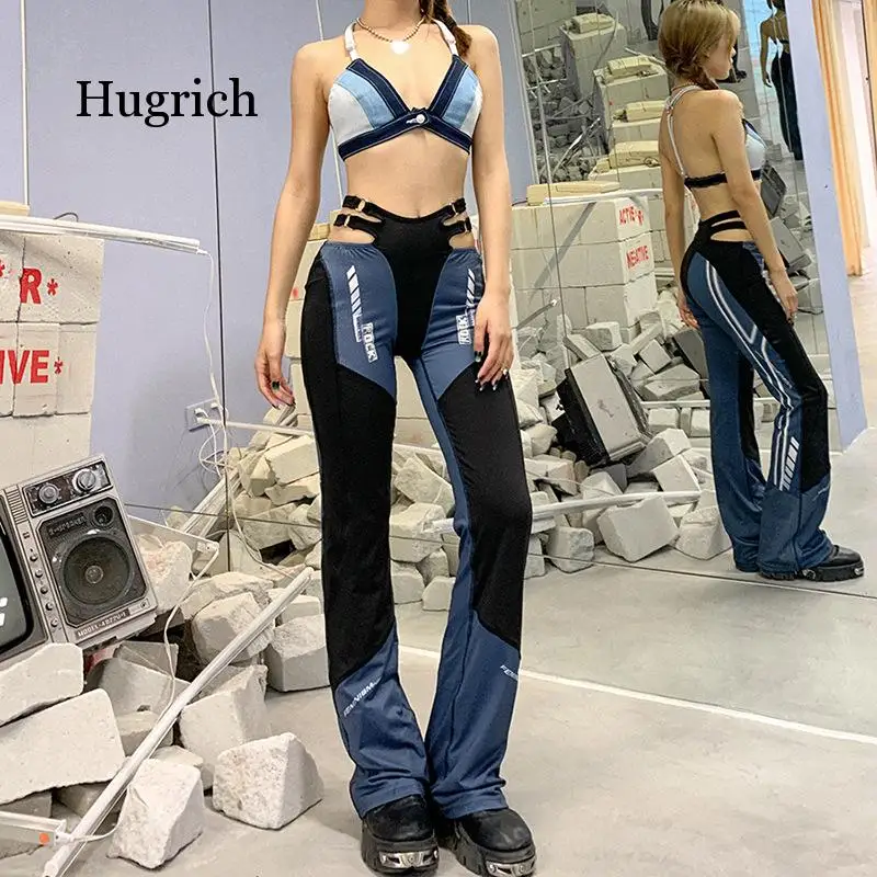 2021 Women's Spring New Street Fashion Hollow Out Contrast High Waist Straight Casual Sports Pants