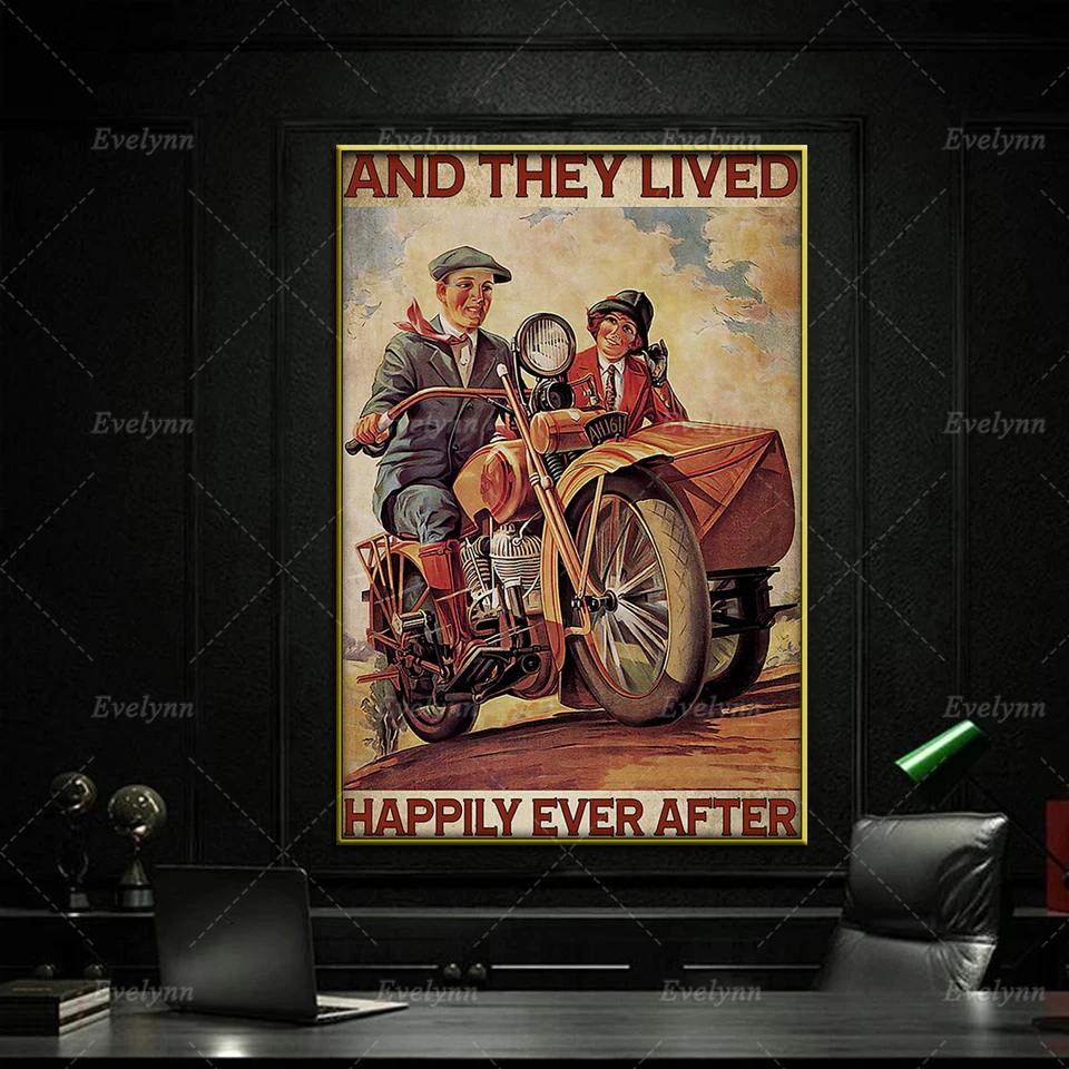 Biker Couple Motorcycle Lovers And They Lived Happily Ever After Poster Wall Art Print Home Living Decor Canvas Unique Gift