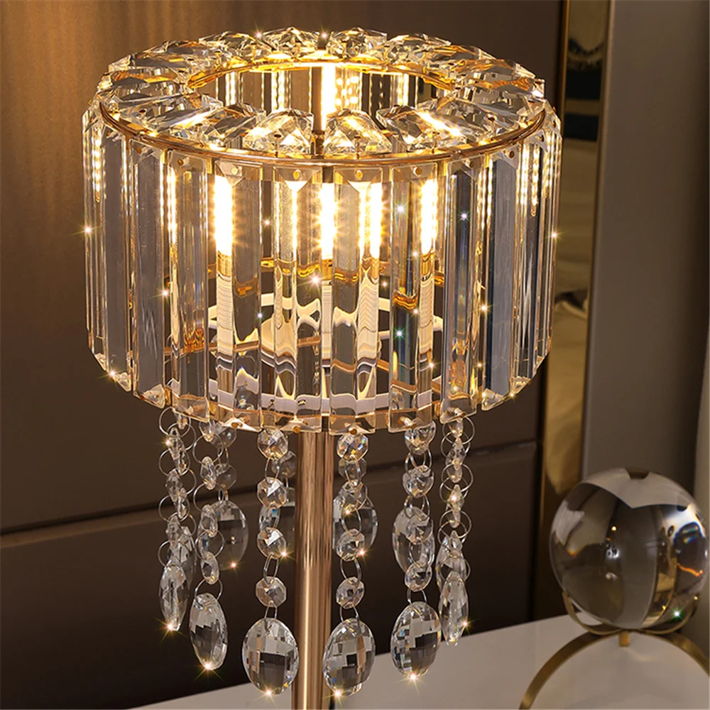 American Luxury Crystal Shade Tassel Led Table Lamp For Living Room Bedroom Loft Home Deco Bedside Gold Nightstand Light Fixture