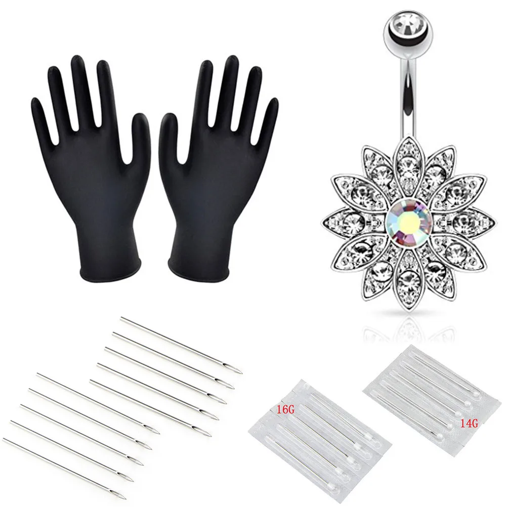 Kit d'outils professionnels pour le perçage du nombril, en acier inoxydable, anneau pour le ventre, langue, Tragus, mamelon, lèvres, sourcils, nez, bijoux pour le corps, 1 ensemble, 14G, 16G