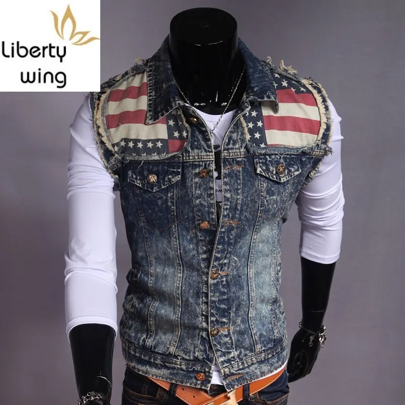 

England Style Vintage Pattern Denim Vest Sleeveless Washed Tops Coats Men Retro Ripped Hole Hip Hop Slim Jacket Outwear