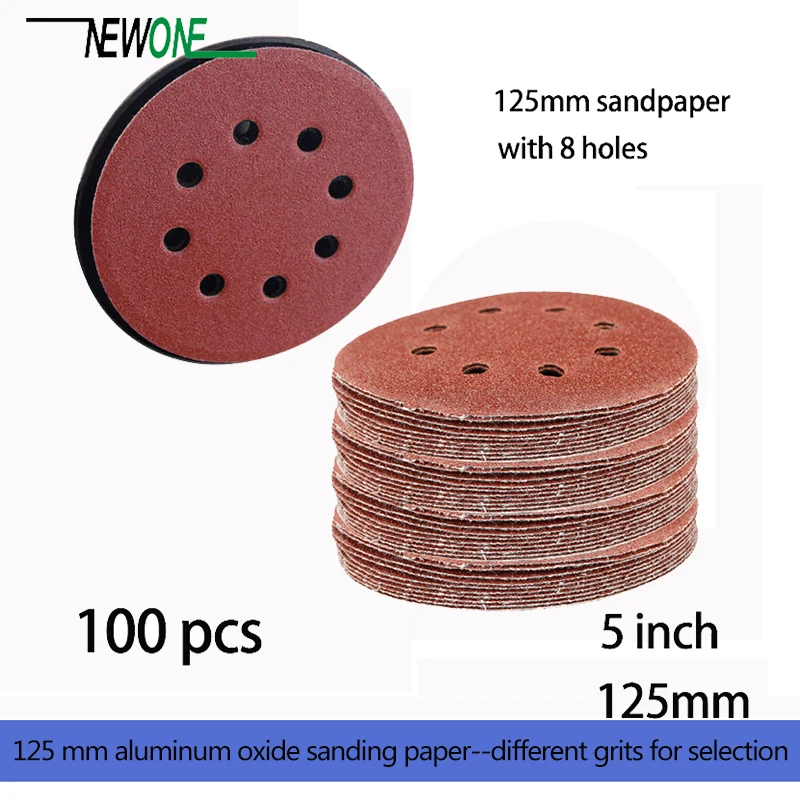 100pcs 125mm Hook & Loop Abrasive Sand Paper 5 inch red Sanding Disc with 8 holes Grits 40~3000 available Sandpaper