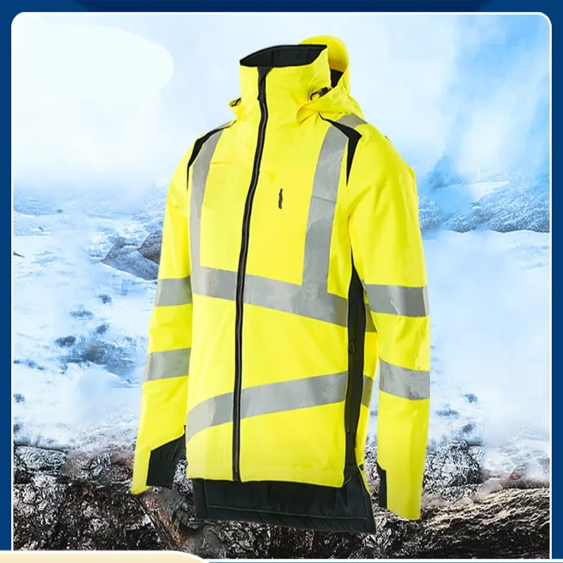 Winter Thick Reflective Hi Vis Jacket Cotton Padded Jacket Hooded Jacket Motorcycle Safety Work Jacket Wind Water-proof Coats4xl