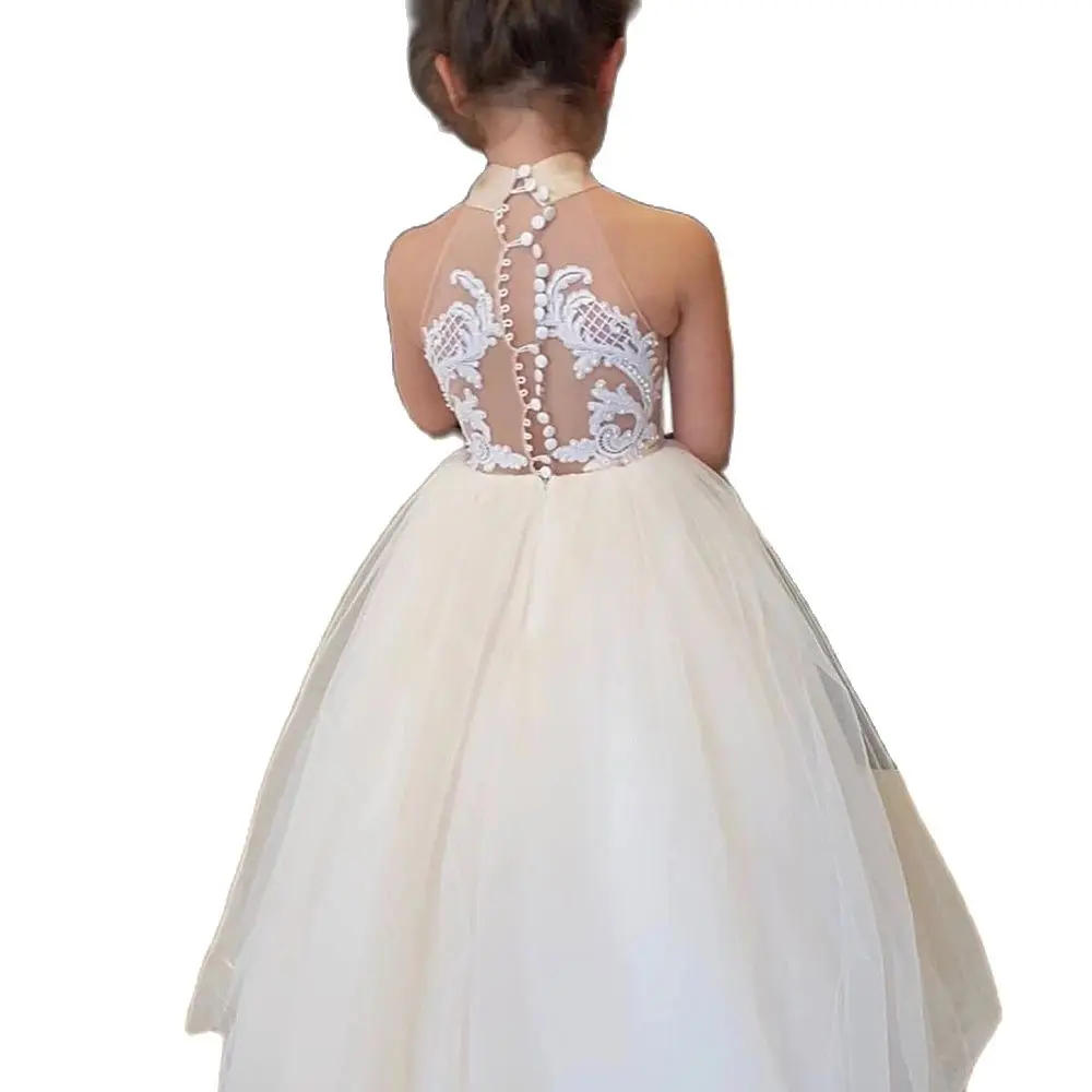 Lace Tulle Flower Girl Dresses Kids Ivory Pearls Appliques Celebrity Dress Backless Halter Girl Prom Dress Baby Girl Dress