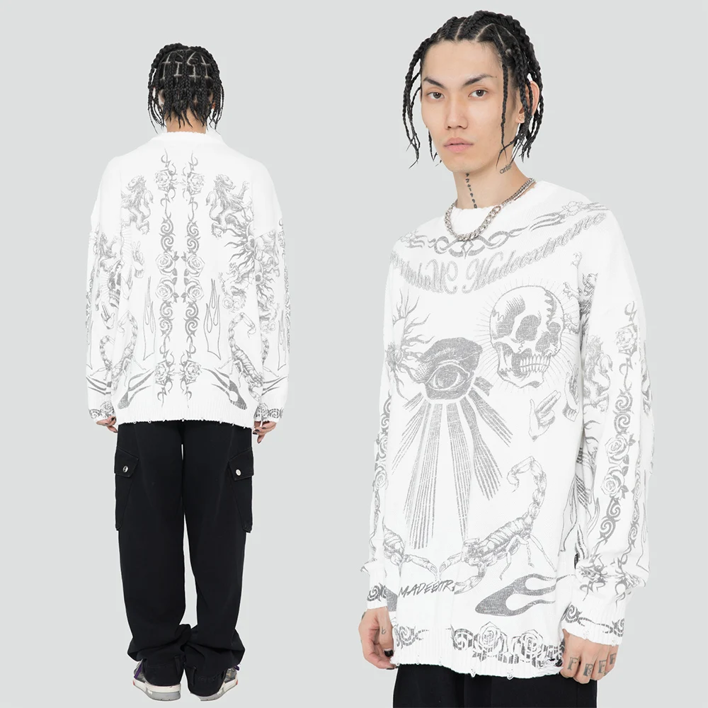 Pull surdimensionné à imprimé tête de mort pour homme et femme, vêtement en tricot, Streetwear Harajuku à manches longues, style gothique effiloché,