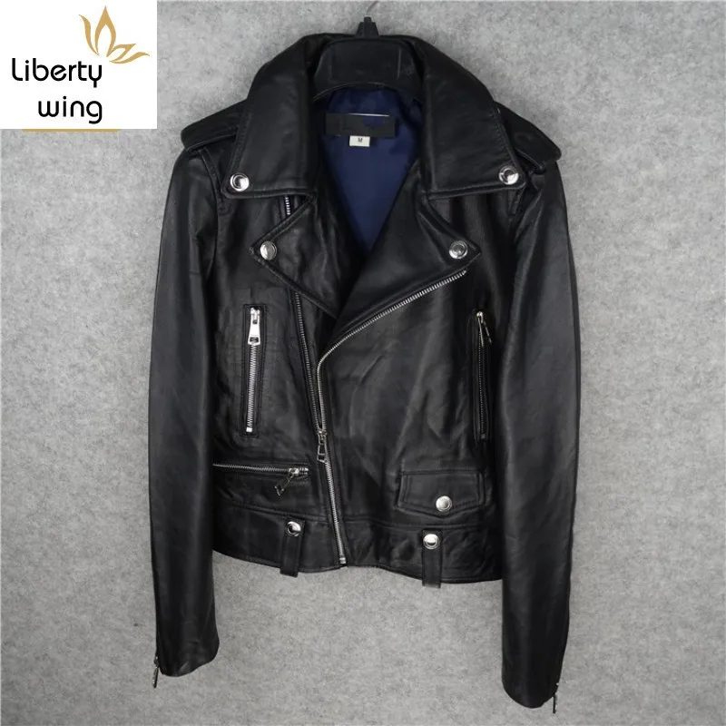 Najwyższa jakość kobiet krótki motocykl prawdziwej skóry Plus rozmiar Punk Slim Fit kurtka z owczej skóry casualowe w stylu Streetwear Rock Jacket