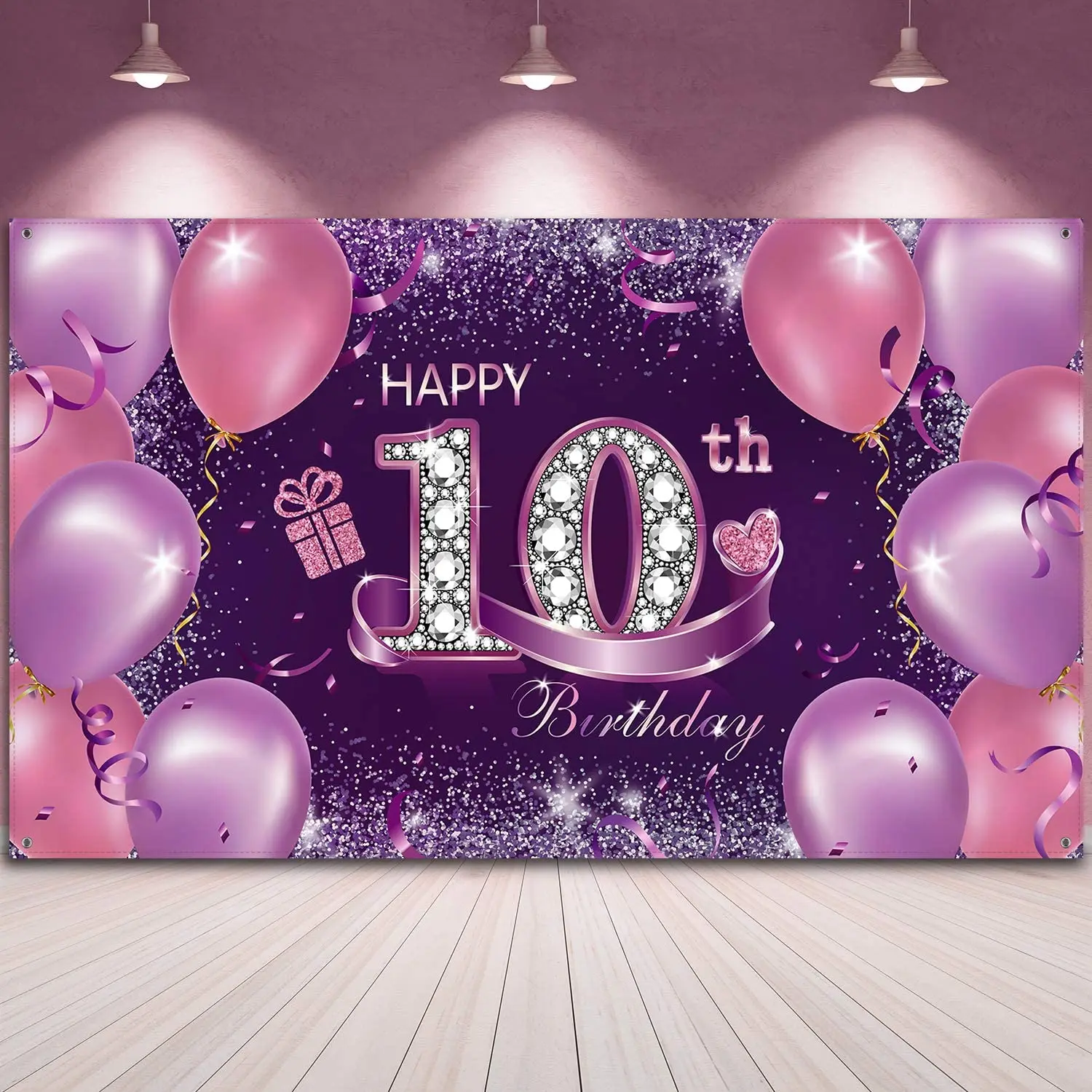 Happy Birthday Party Decorations Pink Purple Girls Happy 10th Anniversary Sign Banner Photo Booth Backdrop Background