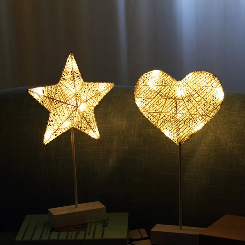 LED Rattan Table Lamp DIY Moon Star Heart Beautiful Night Light Bedside for Christmas Festival Wedding Party Home Decoration