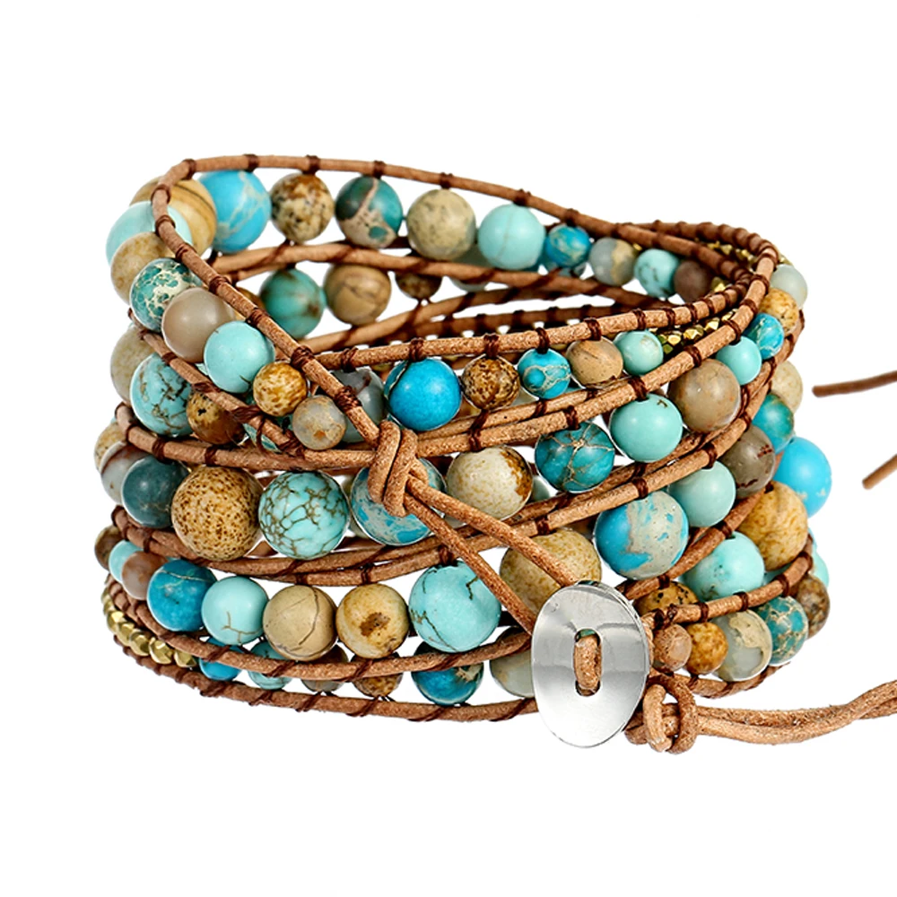 Ethnic Boho Leather Wrap Bracelet Multi Size Natural Stone Beads Bracelets for Women 5 Strands Times Fashion Jewelry